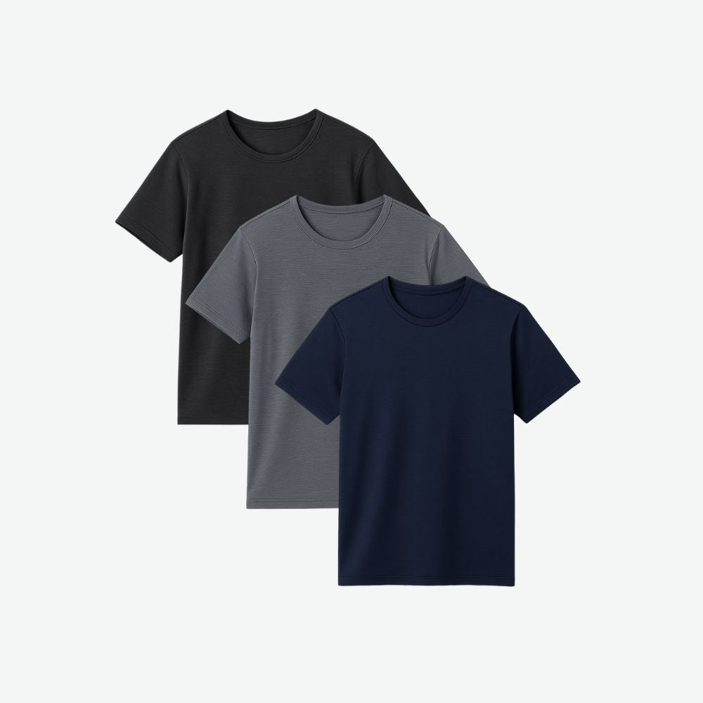 Flat lay of Fioranzo men’s 3-pack tech t-shirts in black, grey and navy – breathable, sweat-wicking and odour-resistant fabric