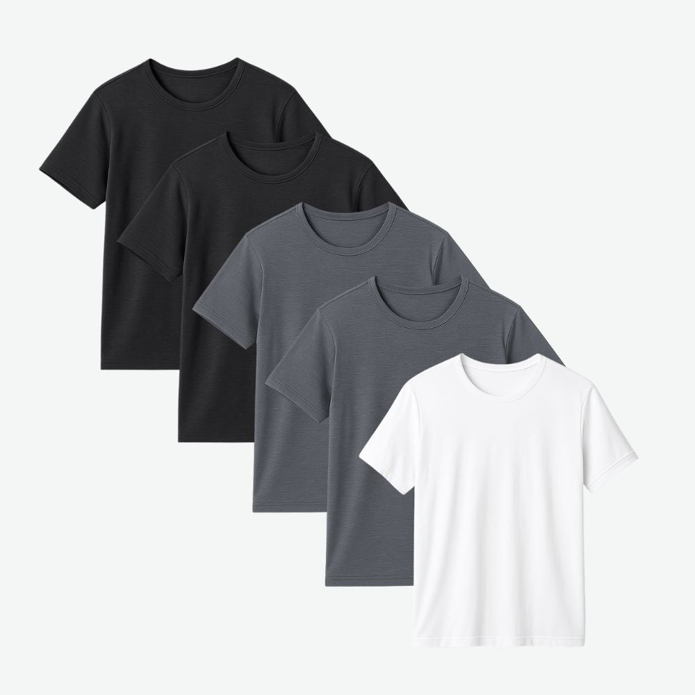 5 pack tech t-shirts in black, grey, charcoal and white folded together – Fioranzo Men