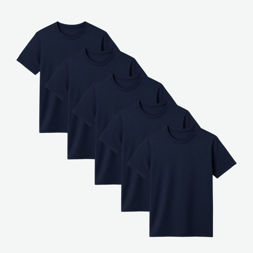 5 pack tech t-shirts in solid navy blue folded together – Fioranzo Men