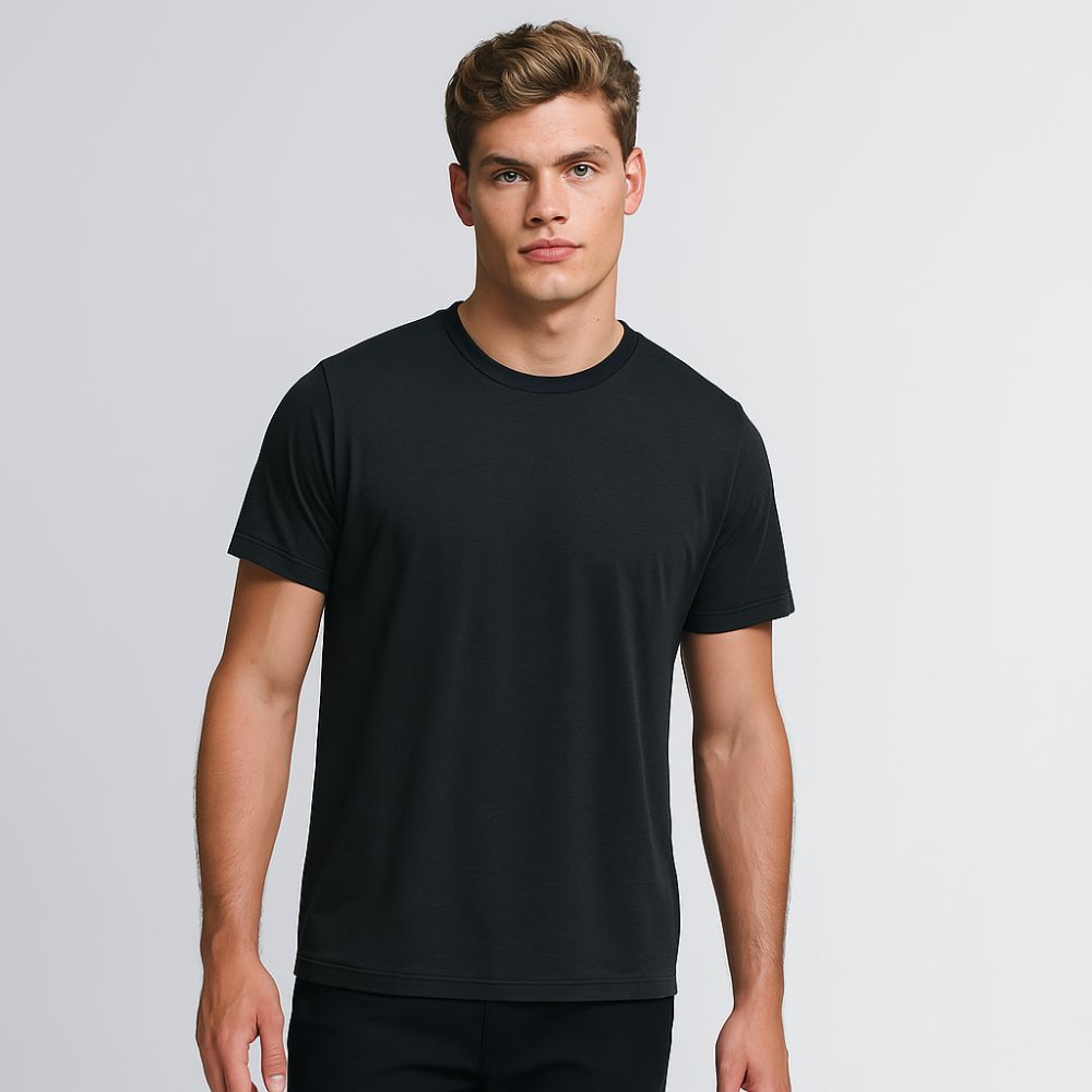 Man Wearing Black Tech T-Shirt – Front View – Fioranzo Men’s Bundle