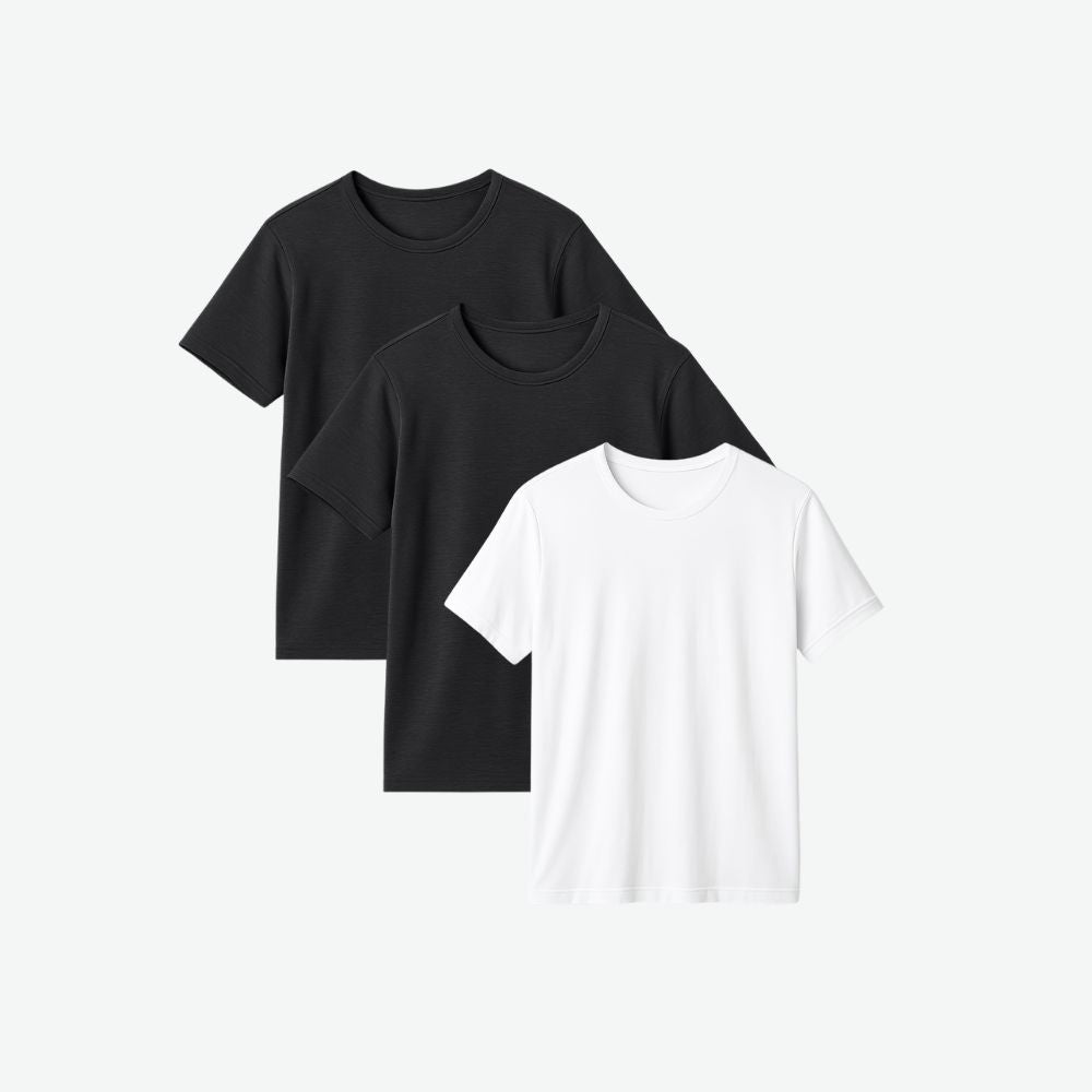 Folded 3-pack men’s Tech T-Shirts by Fioranzo – breathable, quick-dry, anti-odour cotton in black and white