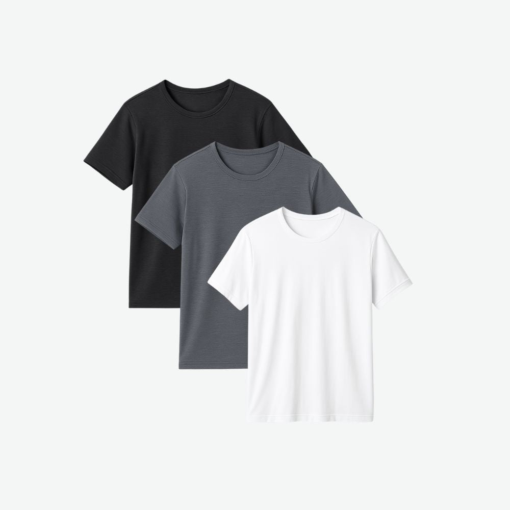 Flat lay of Fioranzo men’s 3-pack tech t-shirts in black, grey and white – breathable, quick-dry and odour-resistant fabric