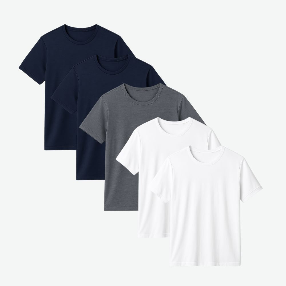 5 pack tech t-shirts in black, navy, grey and white neatly folded – Fioranzo Men