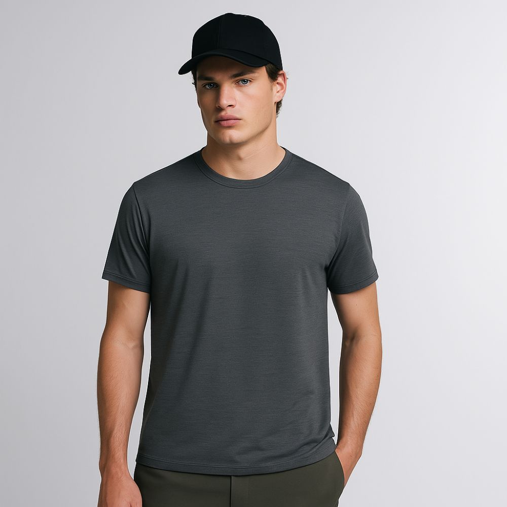 Front view of grey Tech T-Shirt for men – Fioranzo, minimal and fitted design